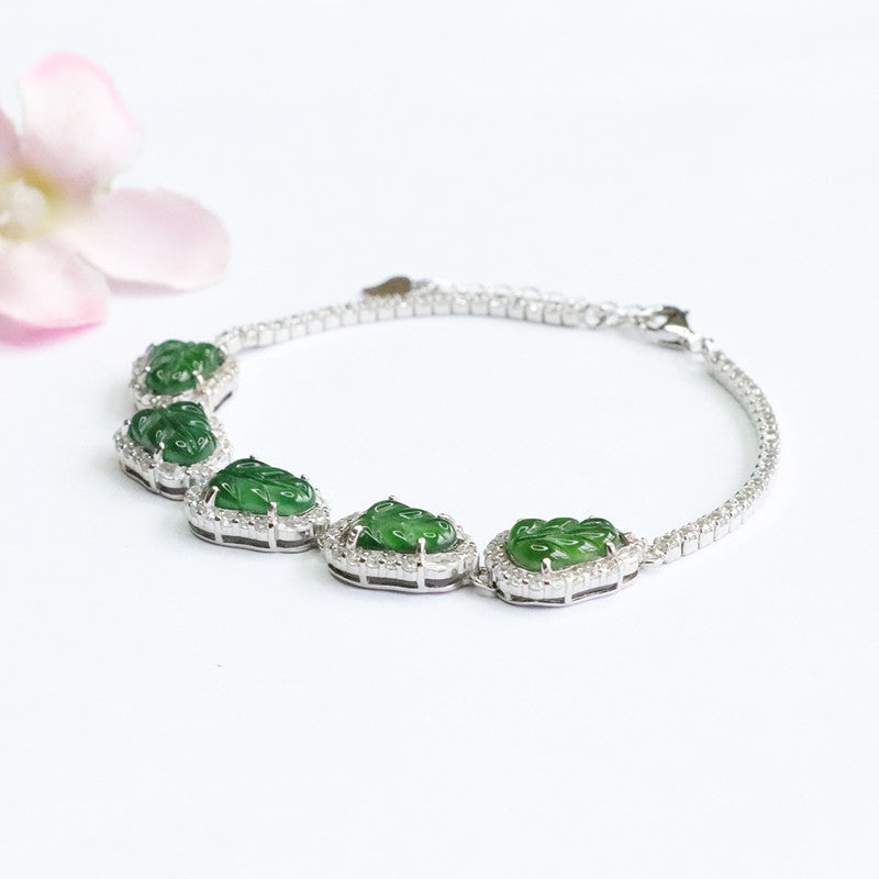 Emperor Green Leaf Sterling Silver Jade Bracelet