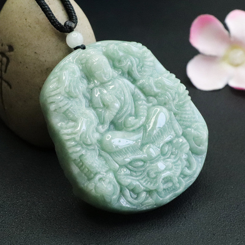 Green Jade Guanyin Dragon Sterling Silver Pendant.