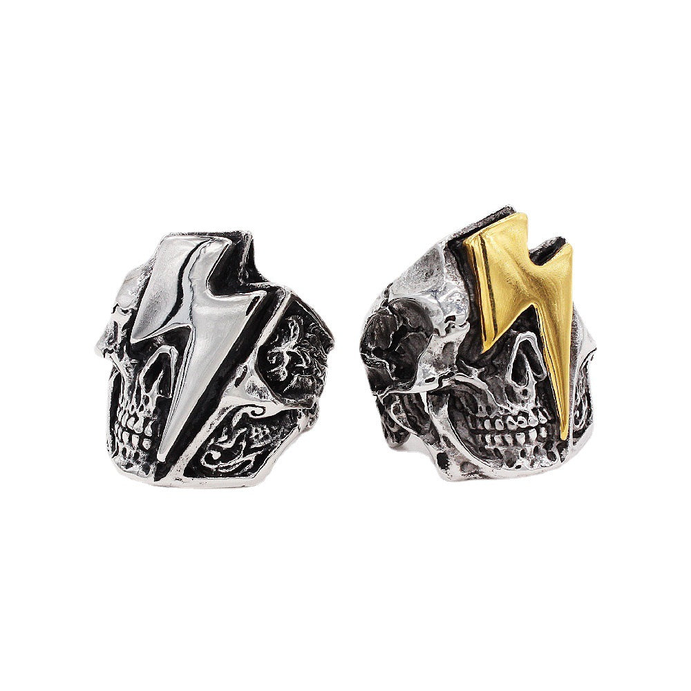 Men's Retro Skull Head Titanium Steel Ring with Lightning Design