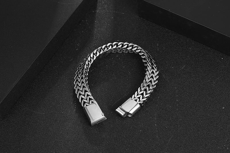 Trendy Titanium Steel Double-Row Square Chain Bracelet for Men in Silver and Black