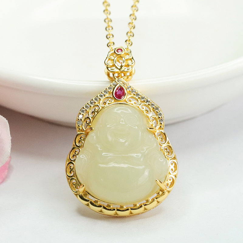 Sterling Silver Buddha Pendant with Natural Hetian Jade Necklace