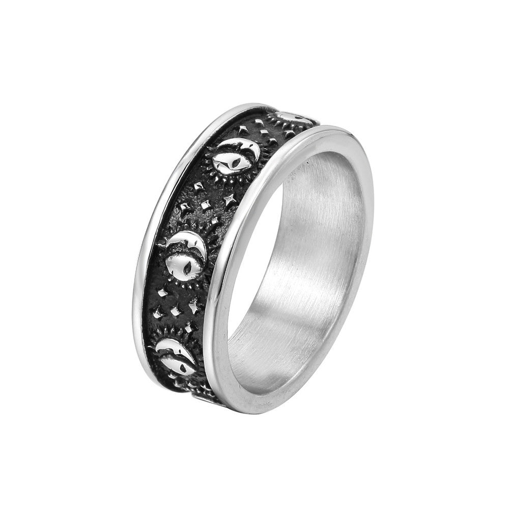 Personality Retro Sun Moon Star Titanium Steel Ring for Men