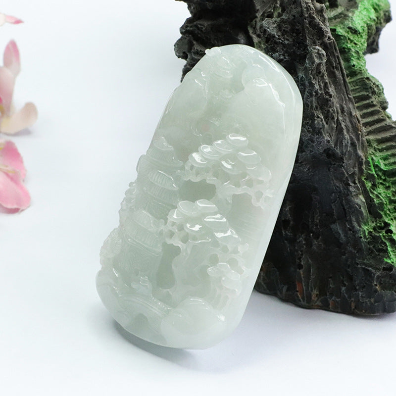 High-tech Fine Carved A Grade Myanmar Jade Pendant Landscape by Planderful Collection