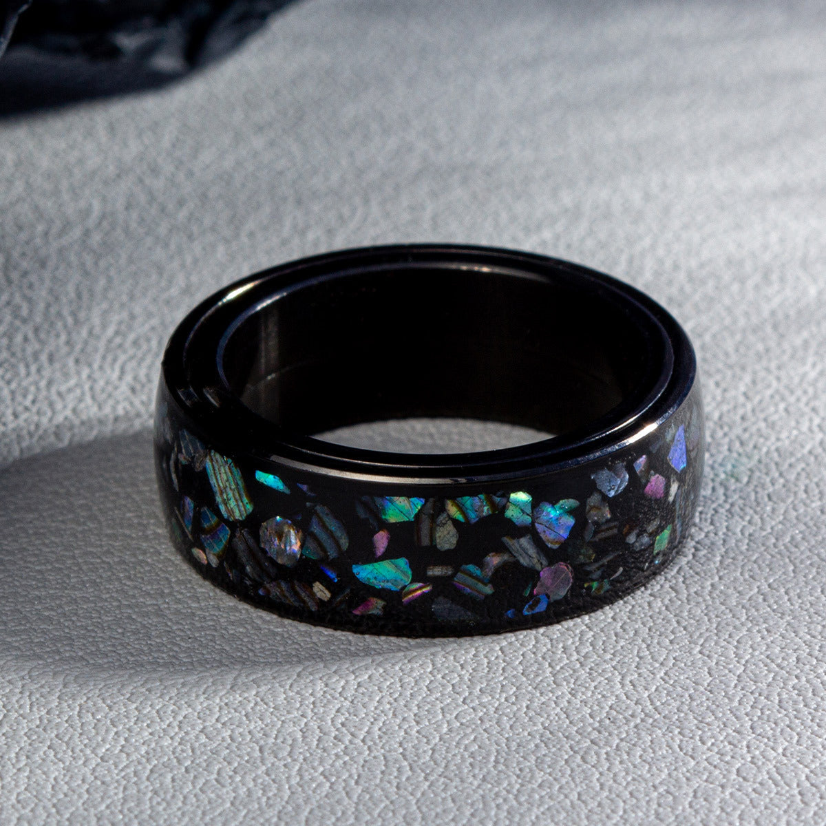 European American Style Rotating Titanium Steel Men's Ring with Abalone Shell Inlay