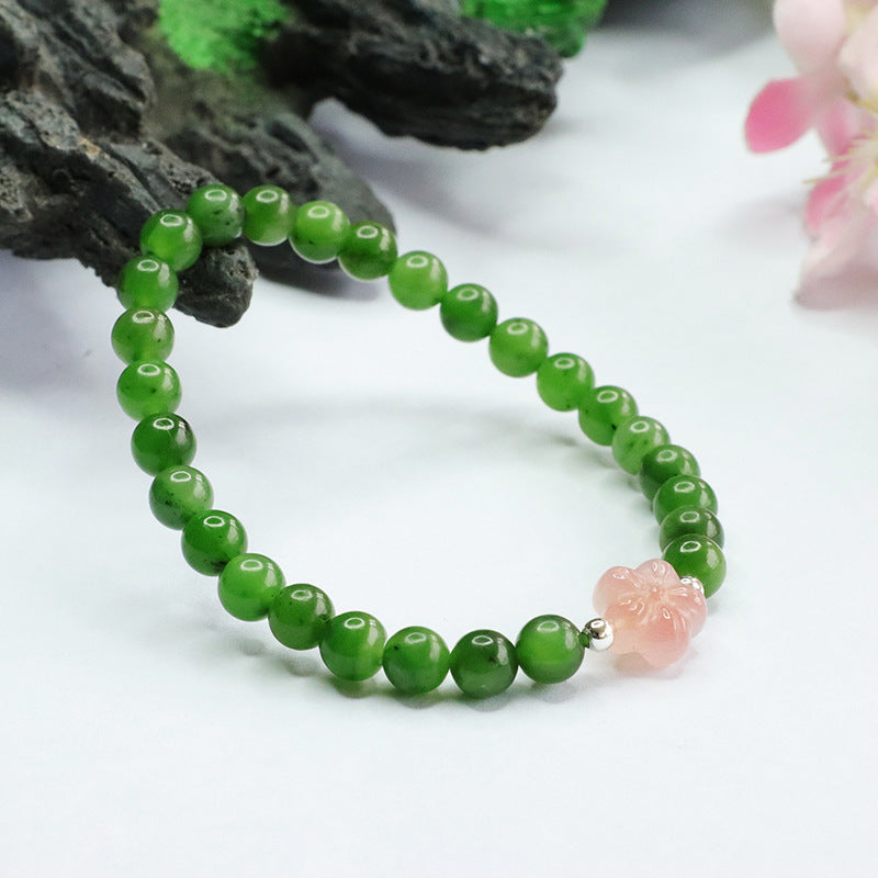 Hetian Jade and Agate Flower Jasper Bracelet with Sterling Silver Charm