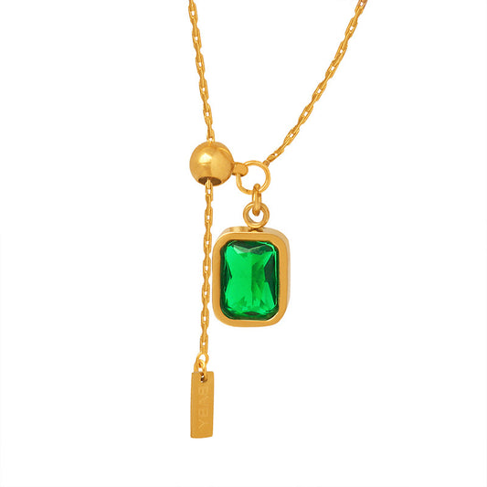 Emerald Zircon Fringe Necklace with Simple English Letter Design