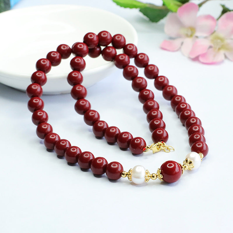 Elegant Purple Gold Sand Necklace with Cinnabar Stone and Lustrous Pearl