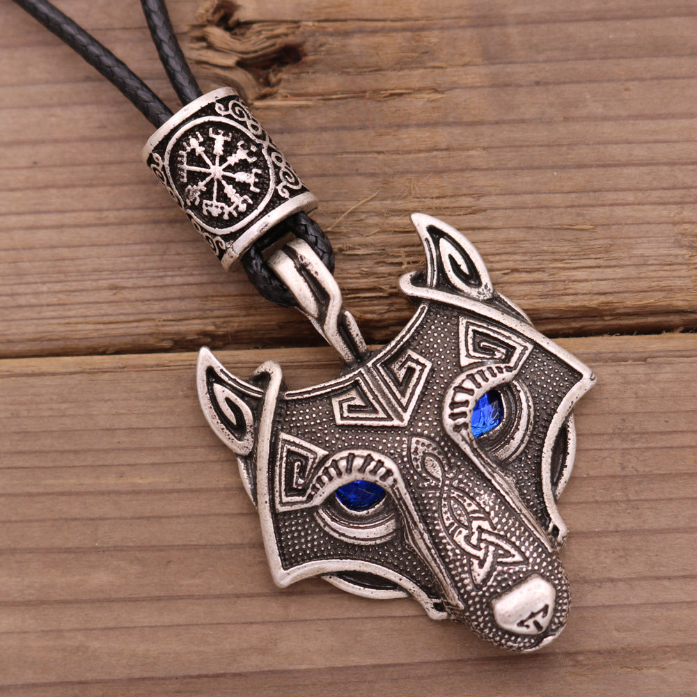 Viking Wolf Head Necklace with Celtic Knot Rune Beads for Men from Norse Legacy Collection