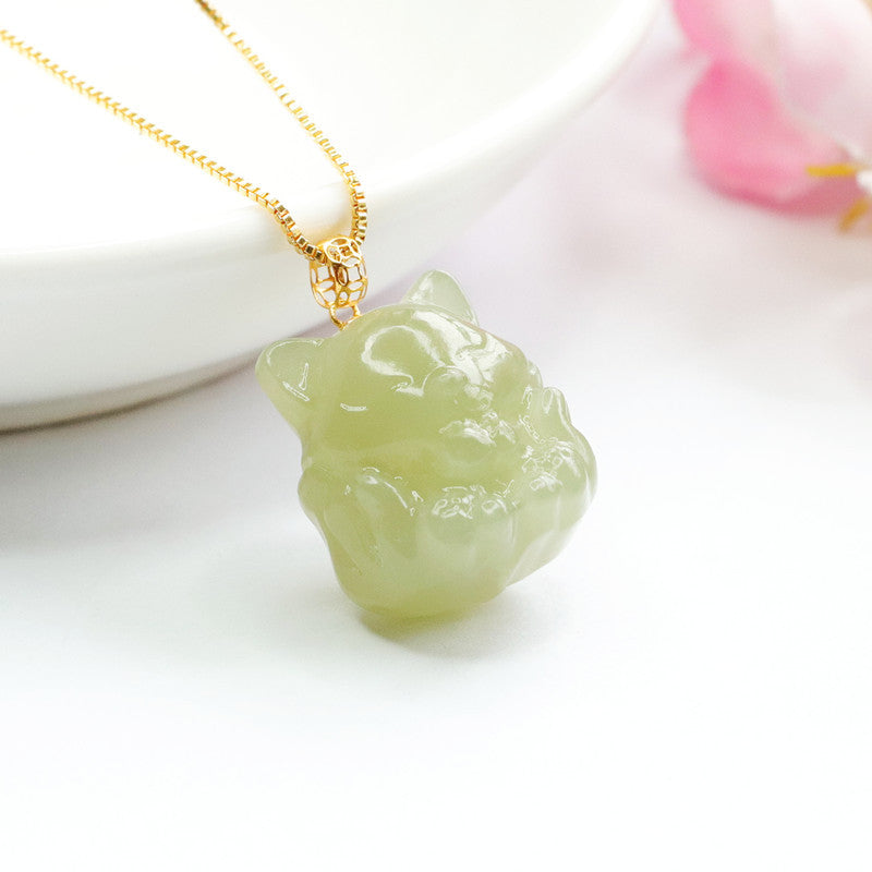 Nine Tailed Fox Necklace Crafted with Natural Hotan Jade