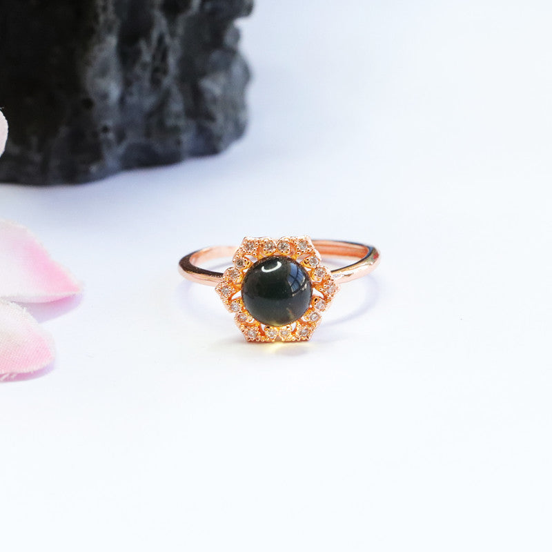 Fortune's Favor Sterling Silver Blue Amber Flower Ring