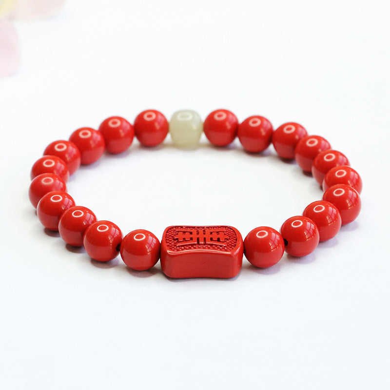 Cinnabar Red Sand Tai Sui Hand String Bracelet with Hotan Jade