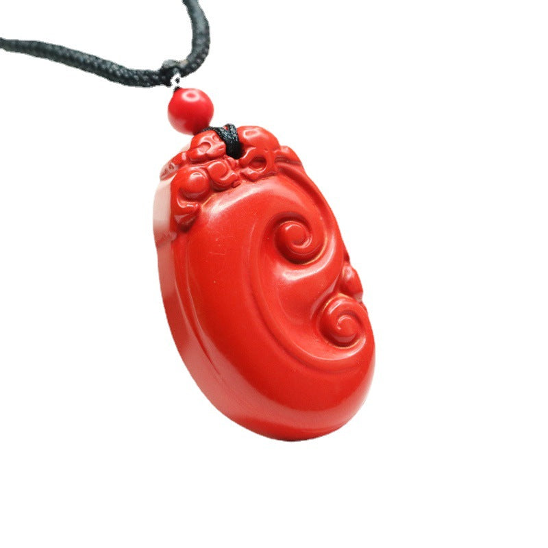 Cinnabar Ruyi Pendant in Red Sand: Sterling Silver Jewelry from Planderful Collection