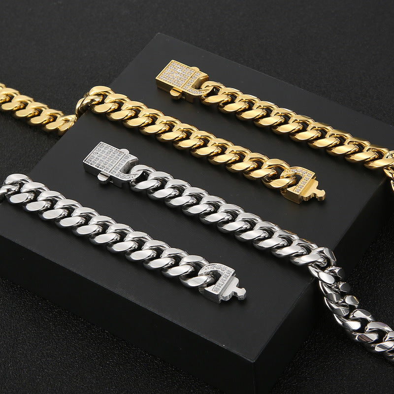 Personalized Titanium Steel Cuban Chain Jewelry for Men - Zircon-Encrusted Bracelet and Necklace Set