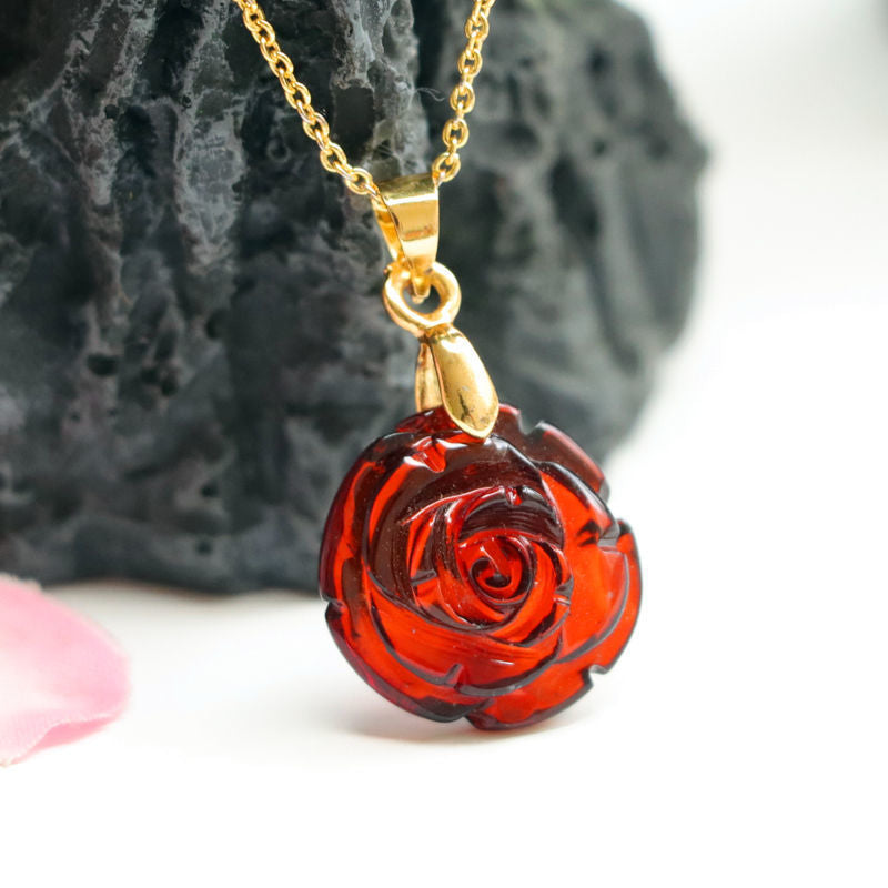 Rose Amber Jewelry Necklace with Beeswax Pendant