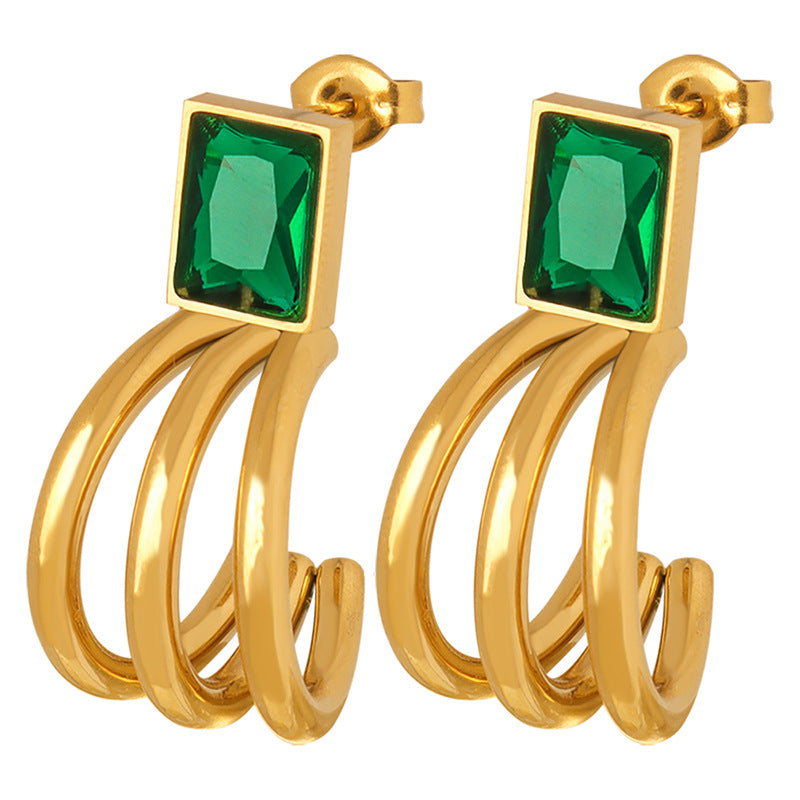 Green and Black Square C-Shaped Earrings with Titanium Gold-Plating - Fashion Jewelry for Women