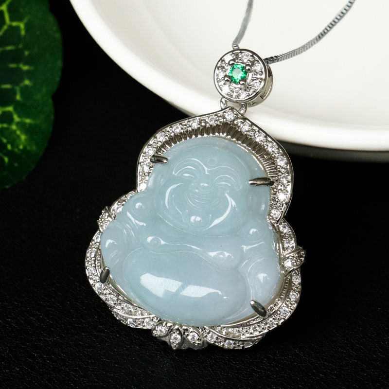 Buddha Jade Zircon Necklace with Sterling Silver Pendant