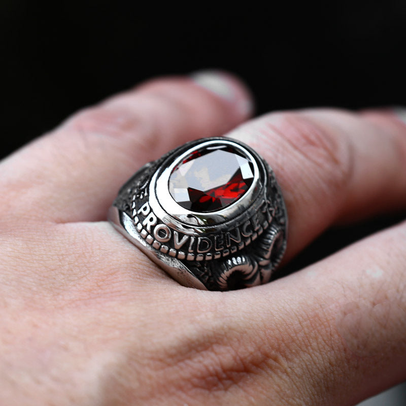 Custom Retro Masonic Titanium Steel Ring with Zircon Inlay for Men