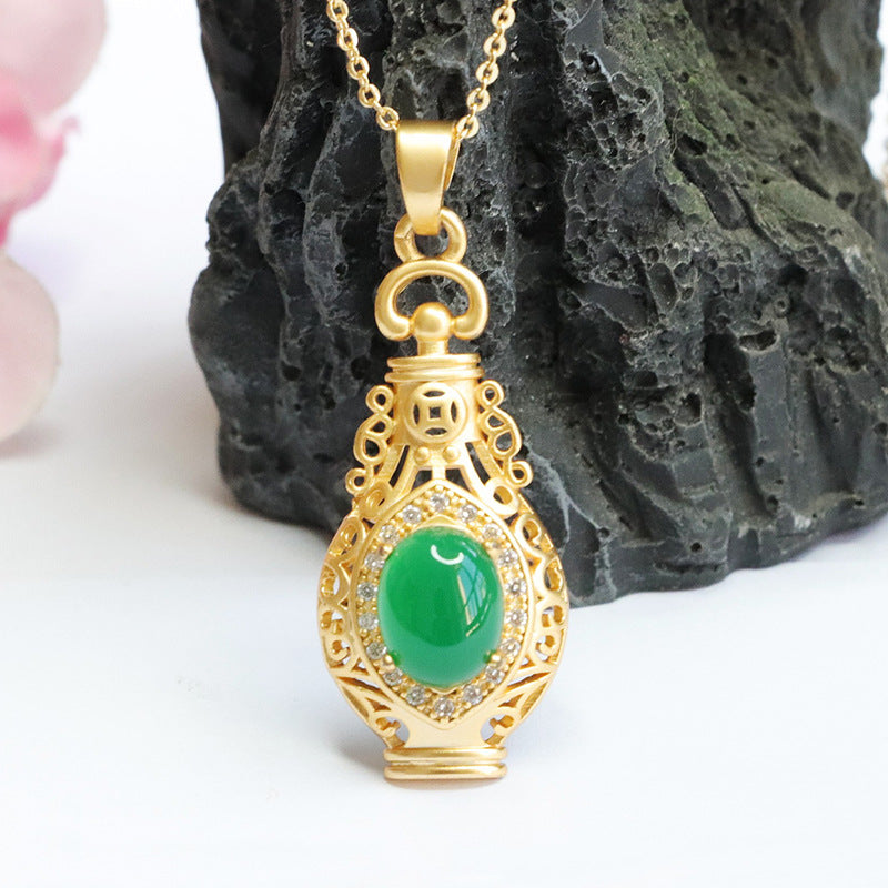 Imperial Green Chalcedony Vase Pendant Necklace with Ethnic Jewelry Design