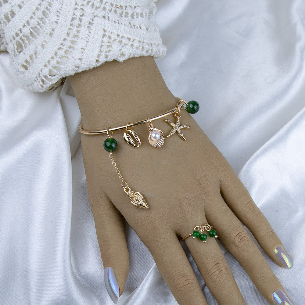 Green Pearl and Conch Shell Alloy Bracelet and Ring Set