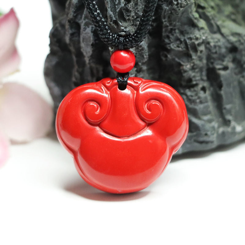 Red Sand Ruyi Auspicious Cloud Sterling Silver Pendant with Cinnabar Stone