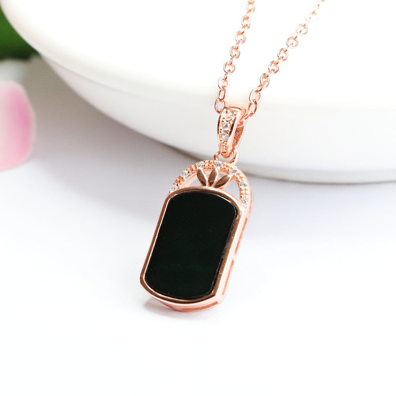 Fortunate Blackish Green Jade Pendant Necklace with Three Leaf Grass Zircon