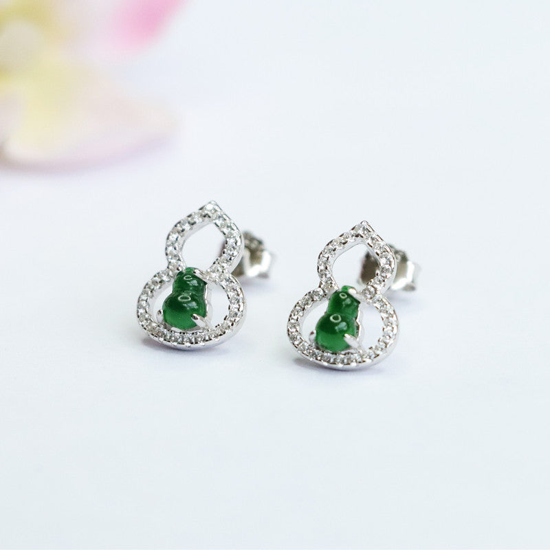 Gourd Stud Jade Earrings in Sterling Silver 925