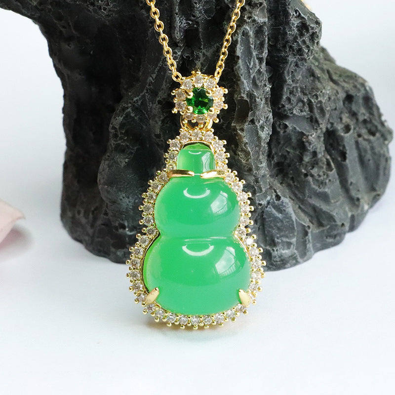 Fortune's Favor Sterling Silver Necklace with Green Chalcedony Gourd Pendant