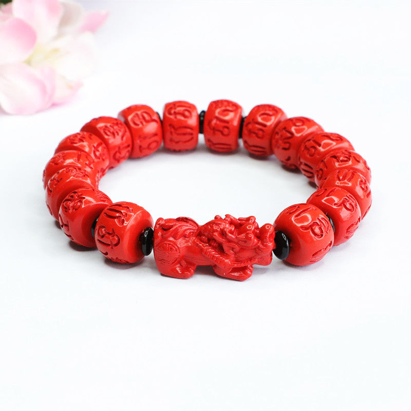 Red Sand Pixiu Cinnabar Bracelet with Six-character Proverb