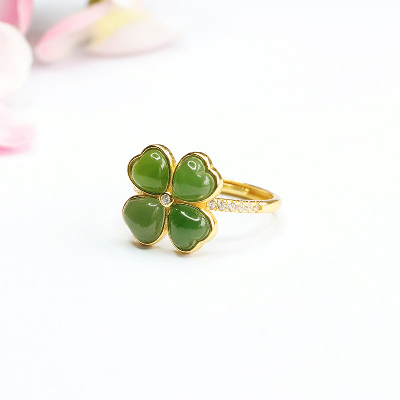 Four Leaf Clover S925 Silver Jade Ring with Zircon Accents