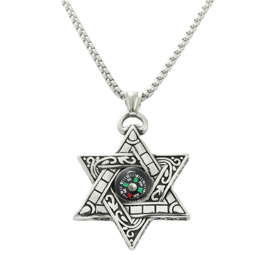 Trendy Men's Titanium Steel Hexagram Compass Pendant Necklace