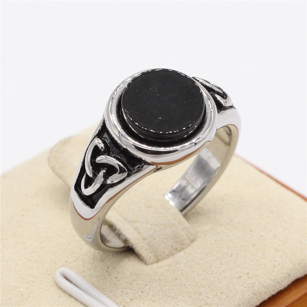 Vintage Viking Round Black Stone Titanium Steel Ring for Men