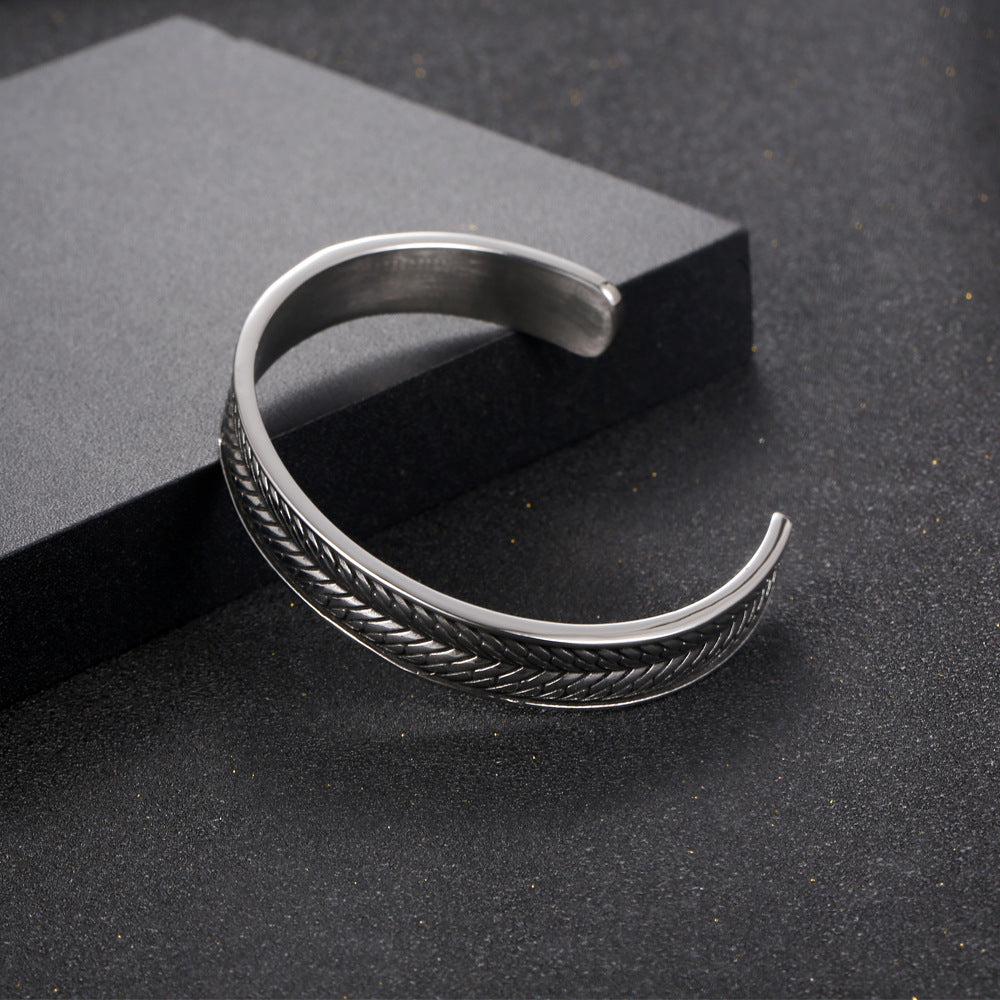 Customizable Vintage C-Shaped Wheat Ear Men's Bracelet - Korean-Inspired Titanium Steel Design