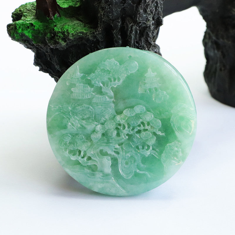 Exquisite Round Jade Pendant Featuring Full Green Relief Landscape - Fortune's Favor Collection