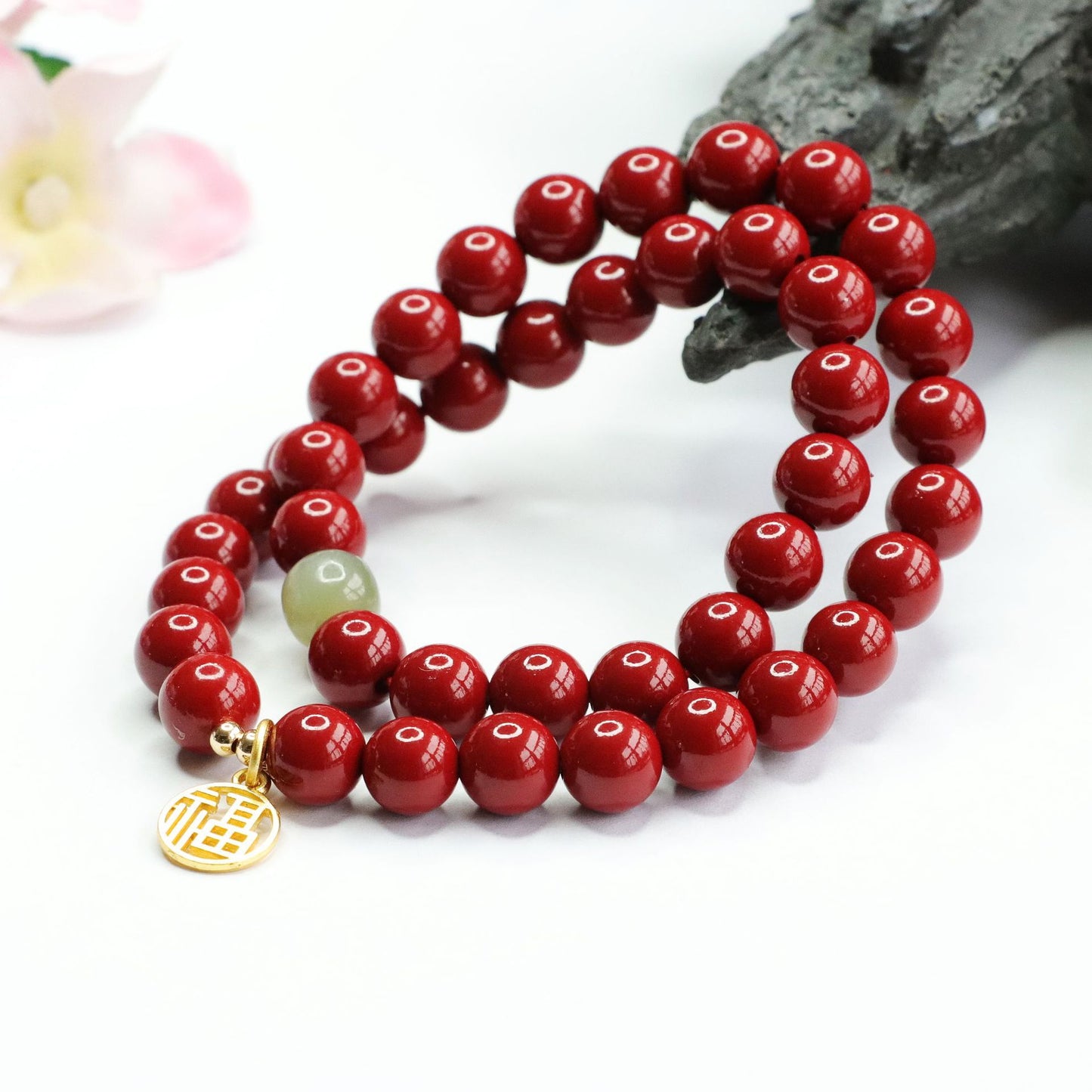 Cinnabar Stone and Jade Rosary Bracelet with Sterling Silver Details