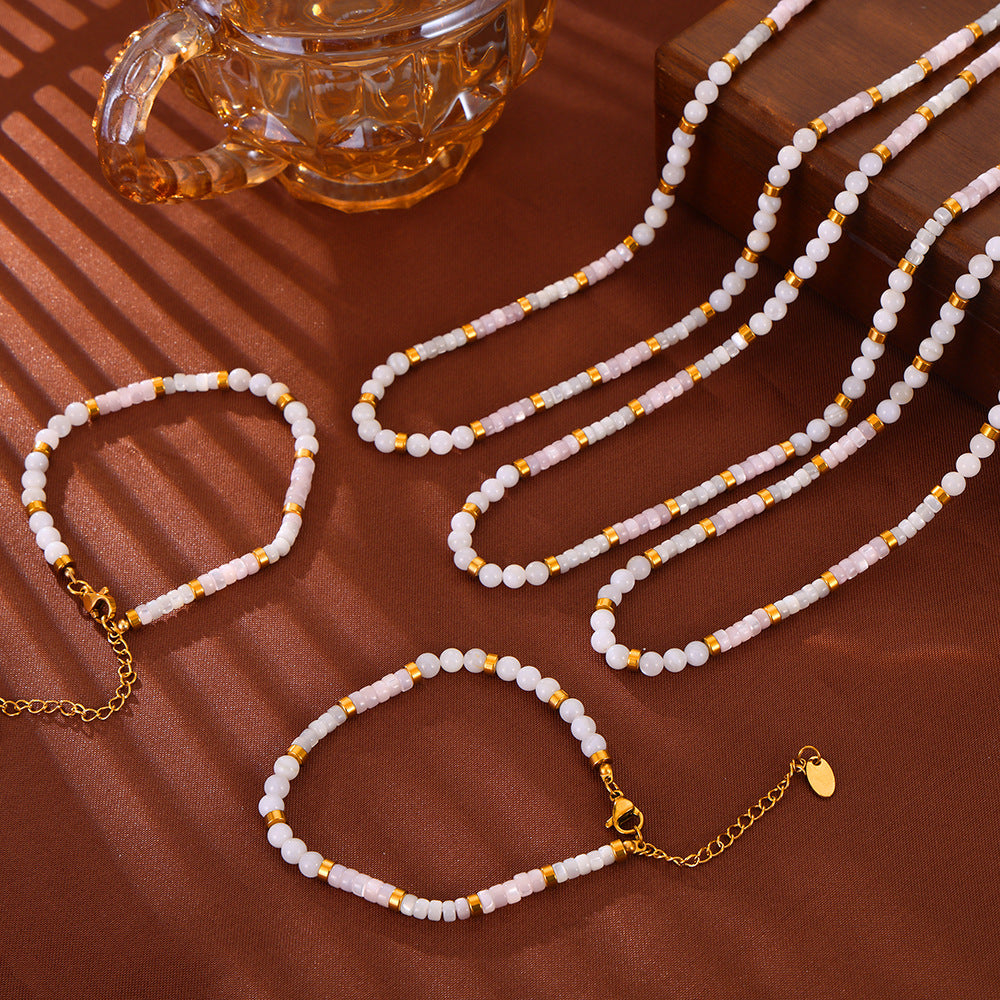 Elegant French Style Shell Beaded Jewelry Set with Titanium Steel Finish