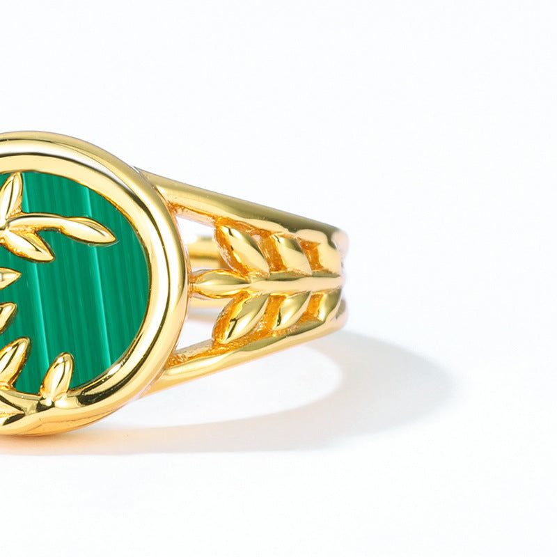 Round Shape Malachite Willow Leaf Opening Sterling Silver Ring