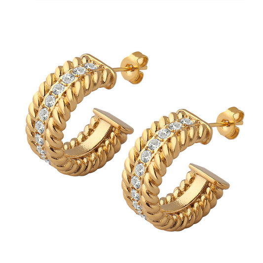 Celeb Chic: Elegant C-Shaped Zircon Earrings with Gold-Plated Threads