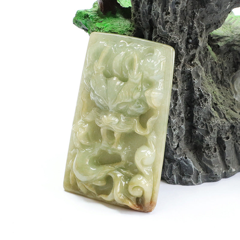 Dragon Carved Yellow Burmese Jade Pendant Sterling Silver Fortune's Favor