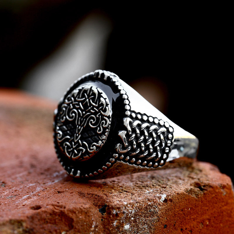 Viking-Inspired Titanium Steel Life Tree Ring for Men - Wholesale Retro Epoxy Jewelry