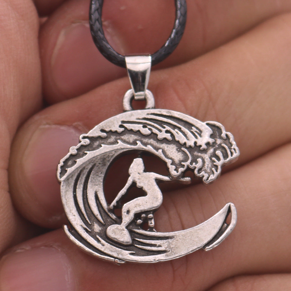 Hawaii Sea Wave Alloy Necklace - Men's Outdoor Pendant with European Charm