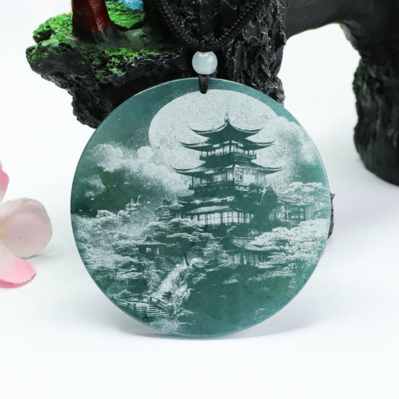 Round Natural Jade Pendant with Blue Green Shadow Landscape Carving