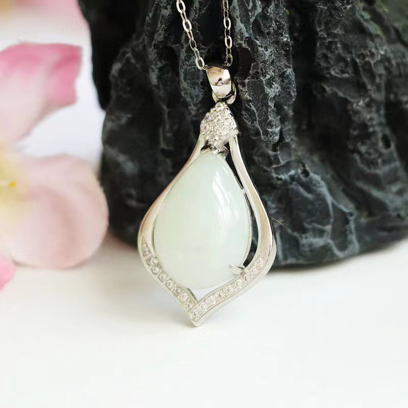 Jewelry Necklace with Sterling Silver Water Drop Natural Jade Pendant and Zircon