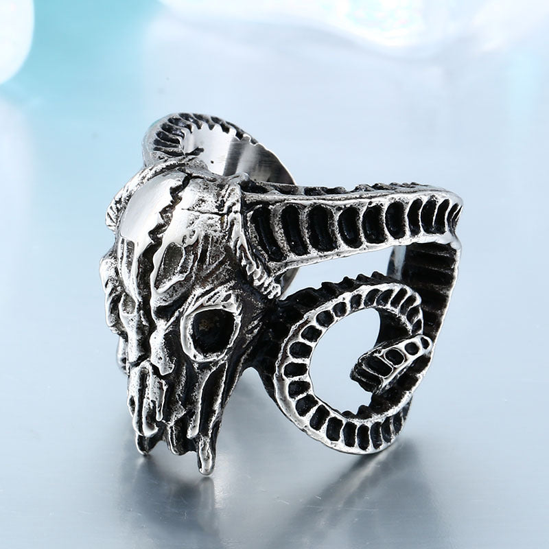 Vintage-Inspired Stainless Steel Sheep Skull Ring for Men - European and American Trade Design