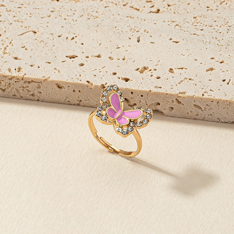 Pink Butterfly Charm Ring - Elegant European Style