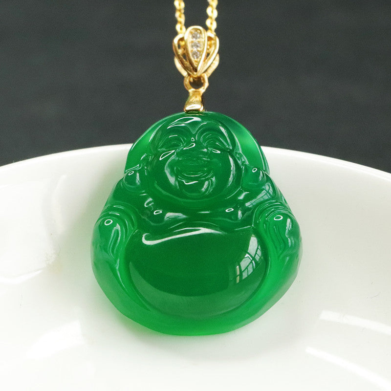 Buddha Pendant Golden Necklace with Natural Green Chalcedony in Sterling Silver