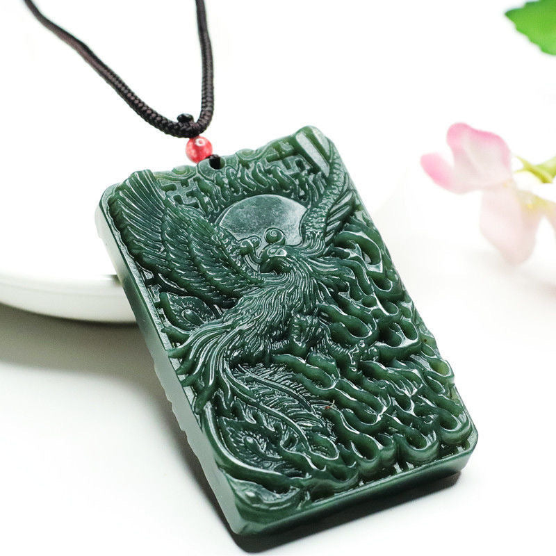 Dragon and Phoenix Double-sided Carved Green Jade Necklace