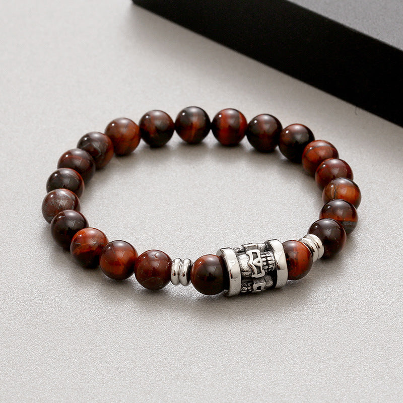 Men's Retro Tiger's Eye Agate Bead Bracelet with Titanium Steel Skull Accents