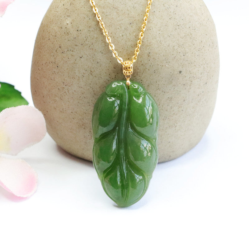 Leaf-shaped Hetian Jade Jasper Fortune Necklace - Sterling Silver