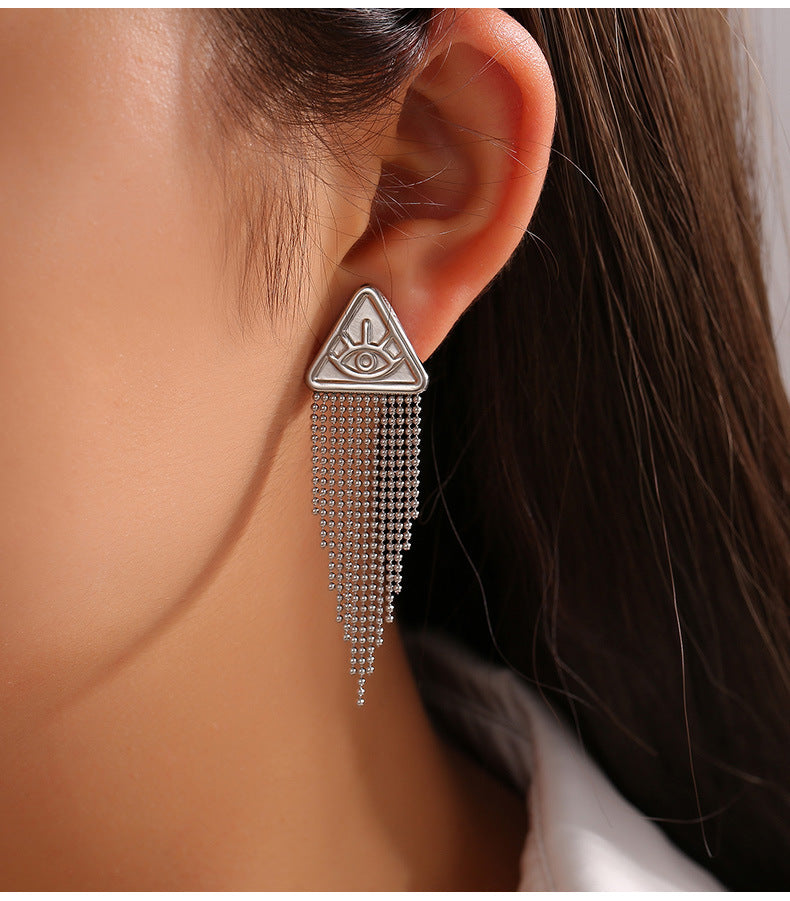 Niche Hip-Hop Inspired Devil's Eye Tassel Earrings in Titanium Steel