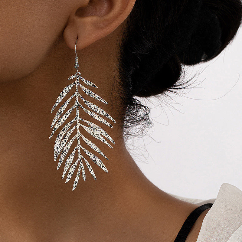 Exaggerated Feather Metal Earrings with Retro European Charm